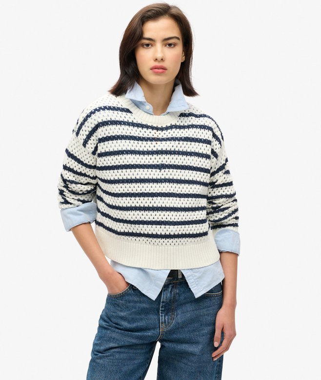 Stripe Crochet Cropped Crew Jumper