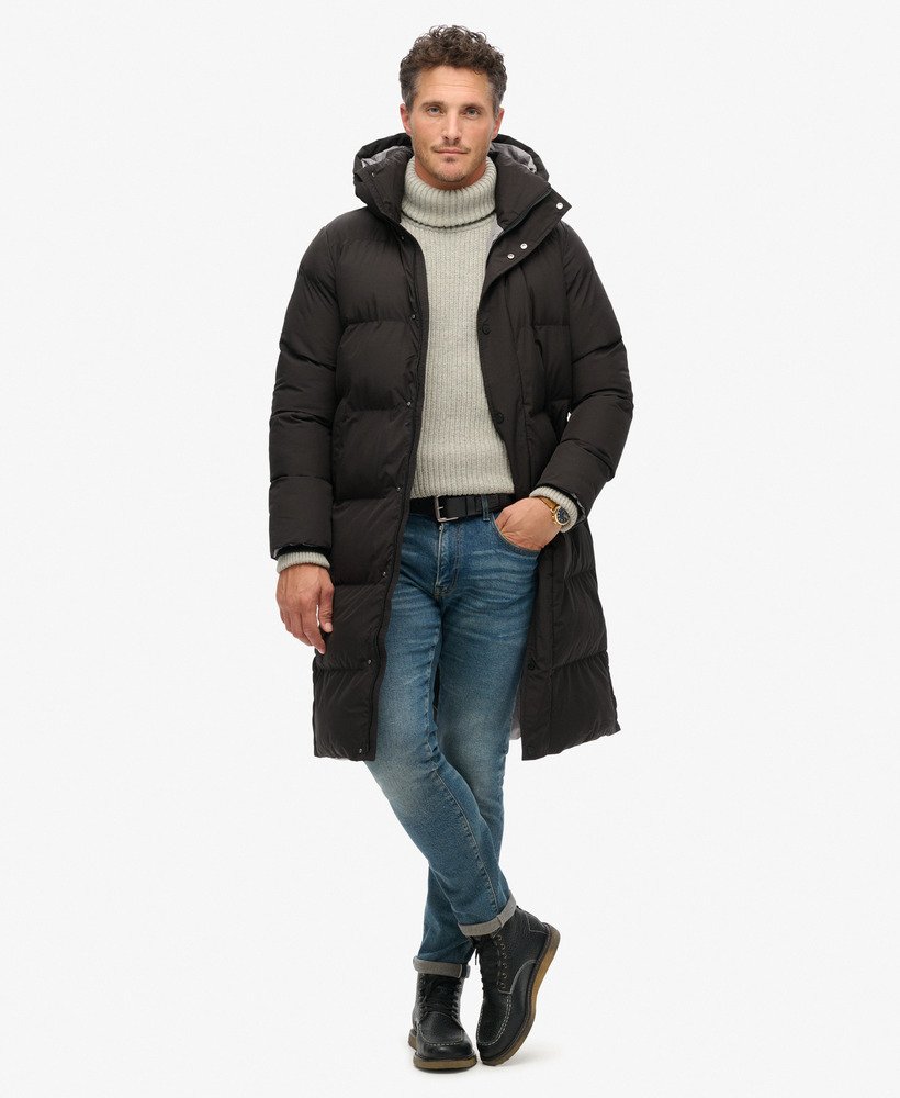 mens Longline Hooded Puffer Coat in Black | Superdry US