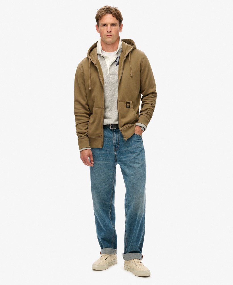 mens Contrast Stitch Relaxed Zip Hoodie in Washed Teak Brown
