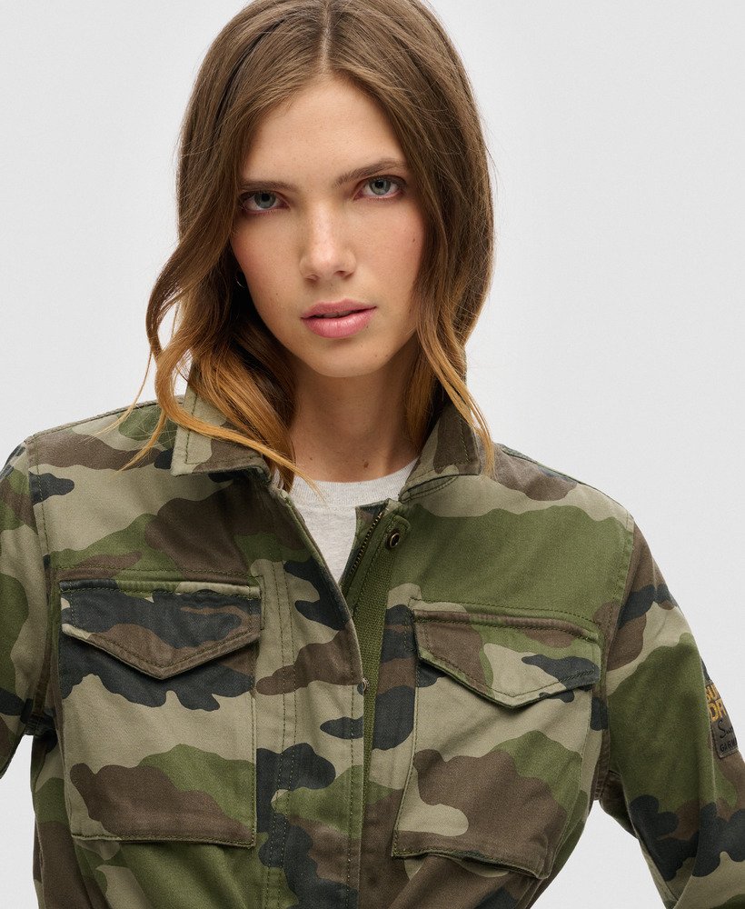 womens Embroidered M65 Military Jacket in French Camo Green