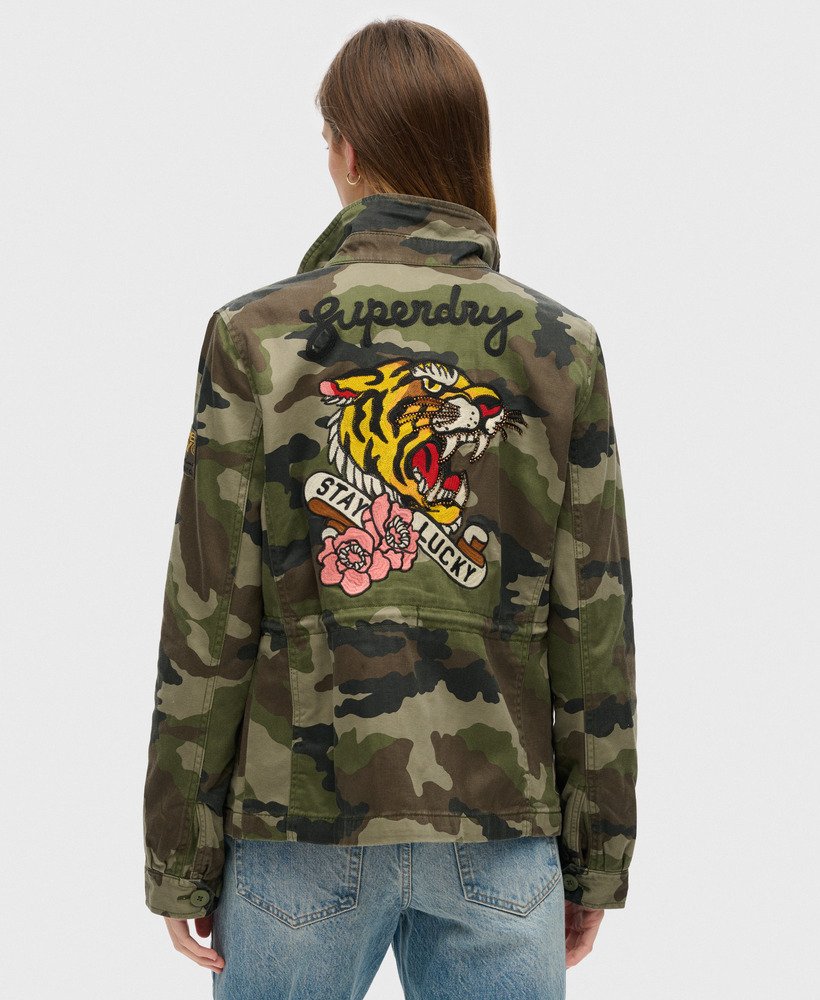 womens Embroidered M65 Military Jacket in French Camo Green