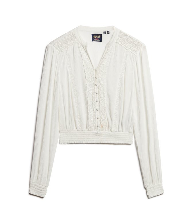 Long Sleeve Lace Trim Smocked Blouse