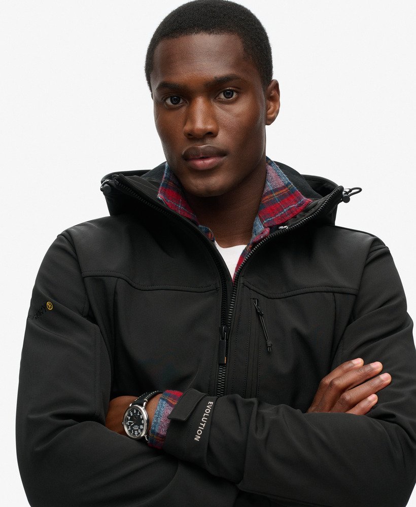 mens Hooded Soft Shell Trekker Jacket in Black | Superdry US mens Hooded Soft Shell Trekker Jacket in Black | Superdry US