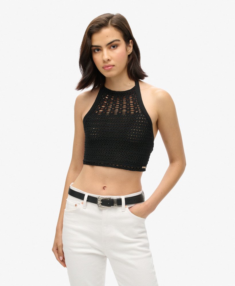 womens Cropped Halter Crochet Top in Black | Superdry US