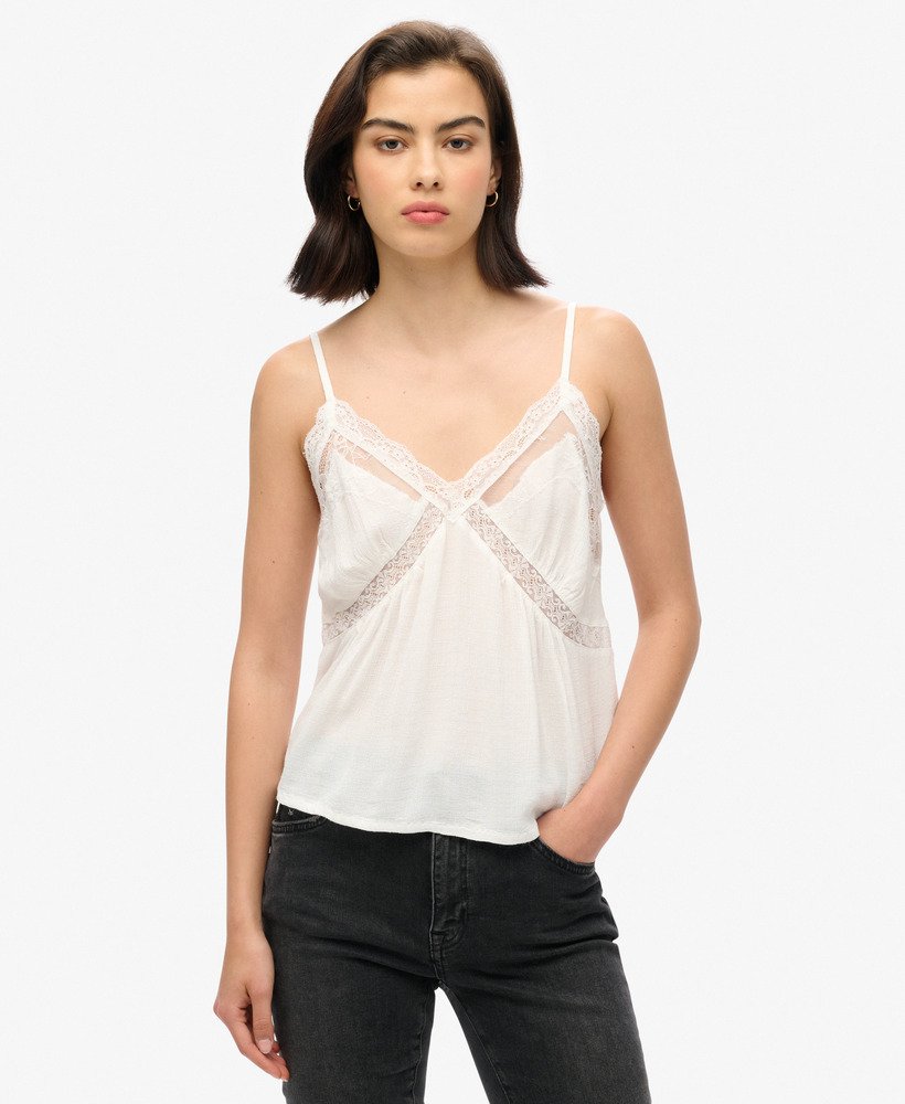 womens Ibiza Sheer Lace Cami Top in OFF WHITE | Superdry US