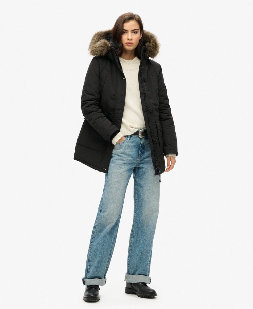 Dames Everest parka met capuchon van imitatiebont in jet black