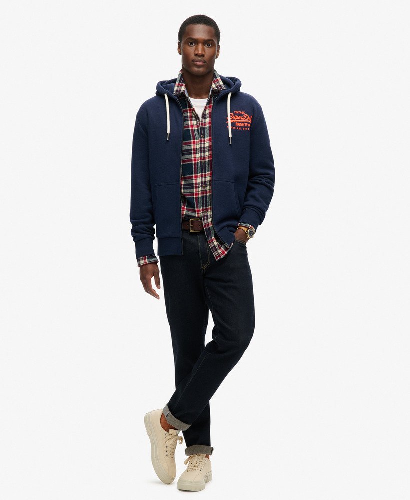 mens Neon Vintage Logo Graphic Zip Hoodie in Rich Navy Marl