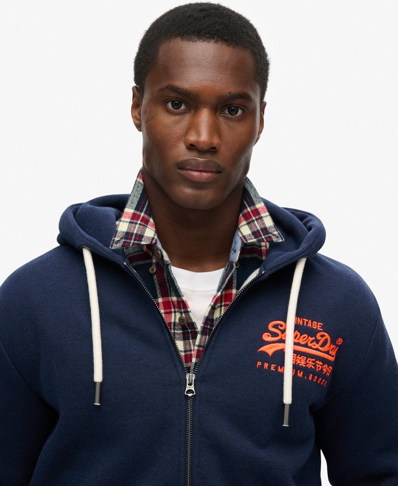 mens Neon Vintage Logo Graphic Zip Hoodie in Rich Navy Marl mens Neon Vintage Logo Graphic Zip Hoodie in Rich Navy Marl