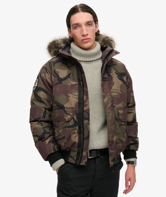 mens Everest Faux Fur Bomber Jacket in Para Camo Superdry UK