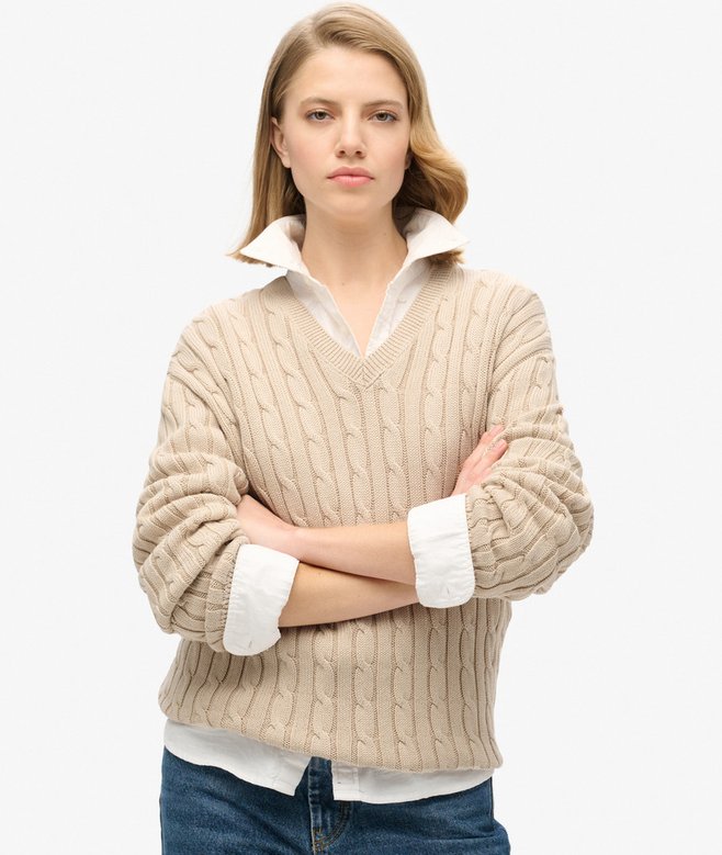 Oversized V Neck Cable Jumper