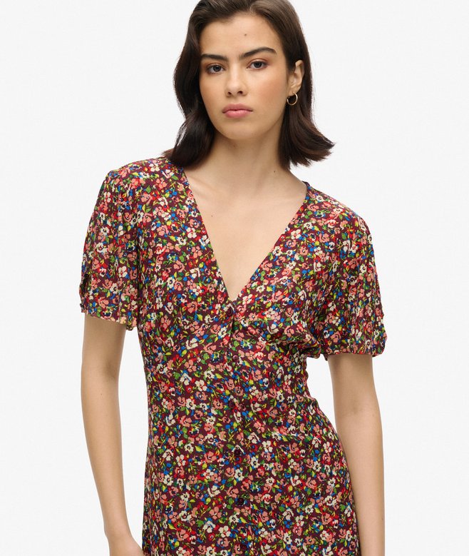 Printed Button-up Short Sleeve Midi Tea Dress