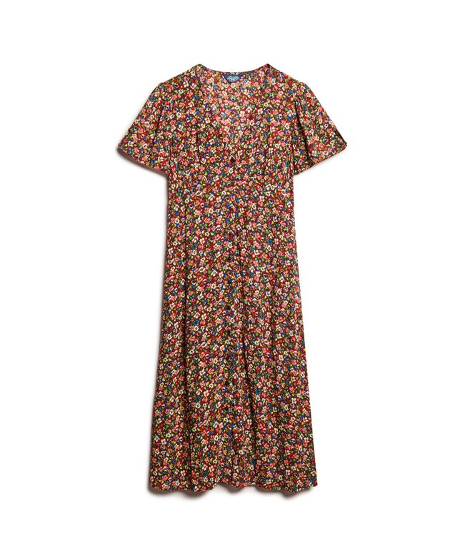 Printed Button-up Short Sleeve Midi Tea Dress