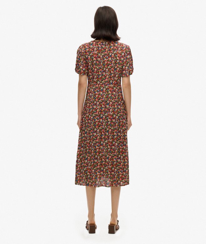 Printed Button-up Short Sleeve Midi Tea Dress
