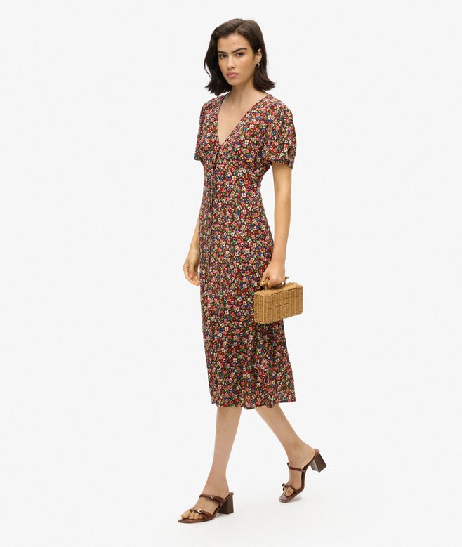 Printed Button-up Short Sleeve Midi Tea Dress