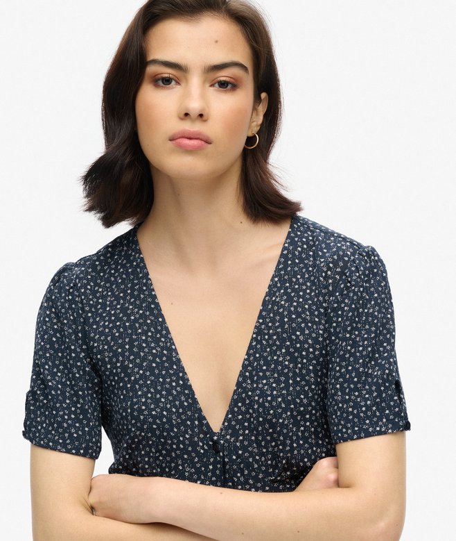 Printed Button-up Short Sleeve Midi Tea Dress
