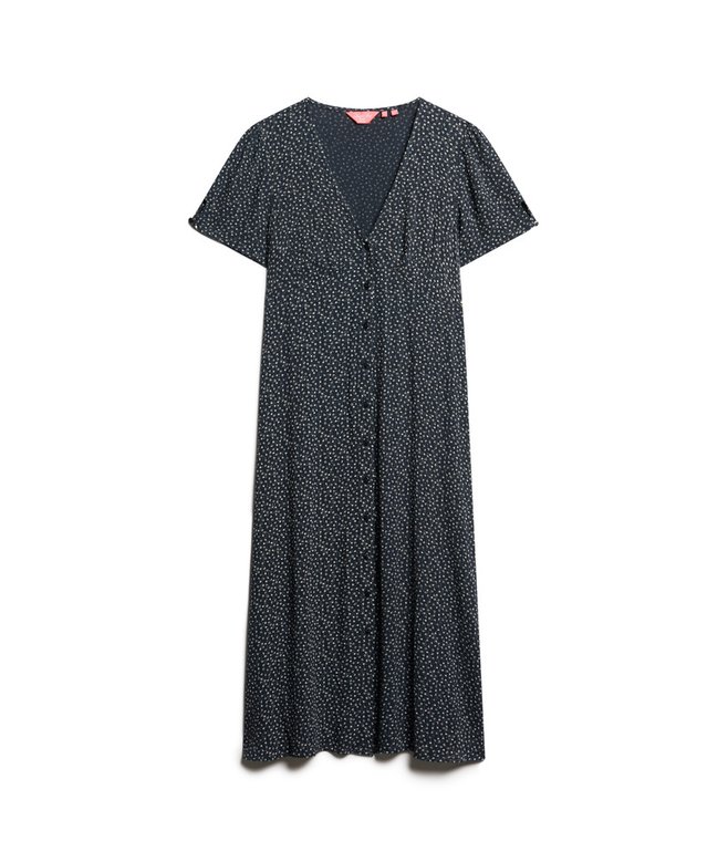 Printed Button-up Short Sleeve Midi Tea Dress
