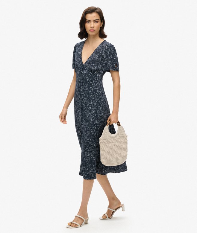Printed Button-up Short Sleeve Midi Tea Dress