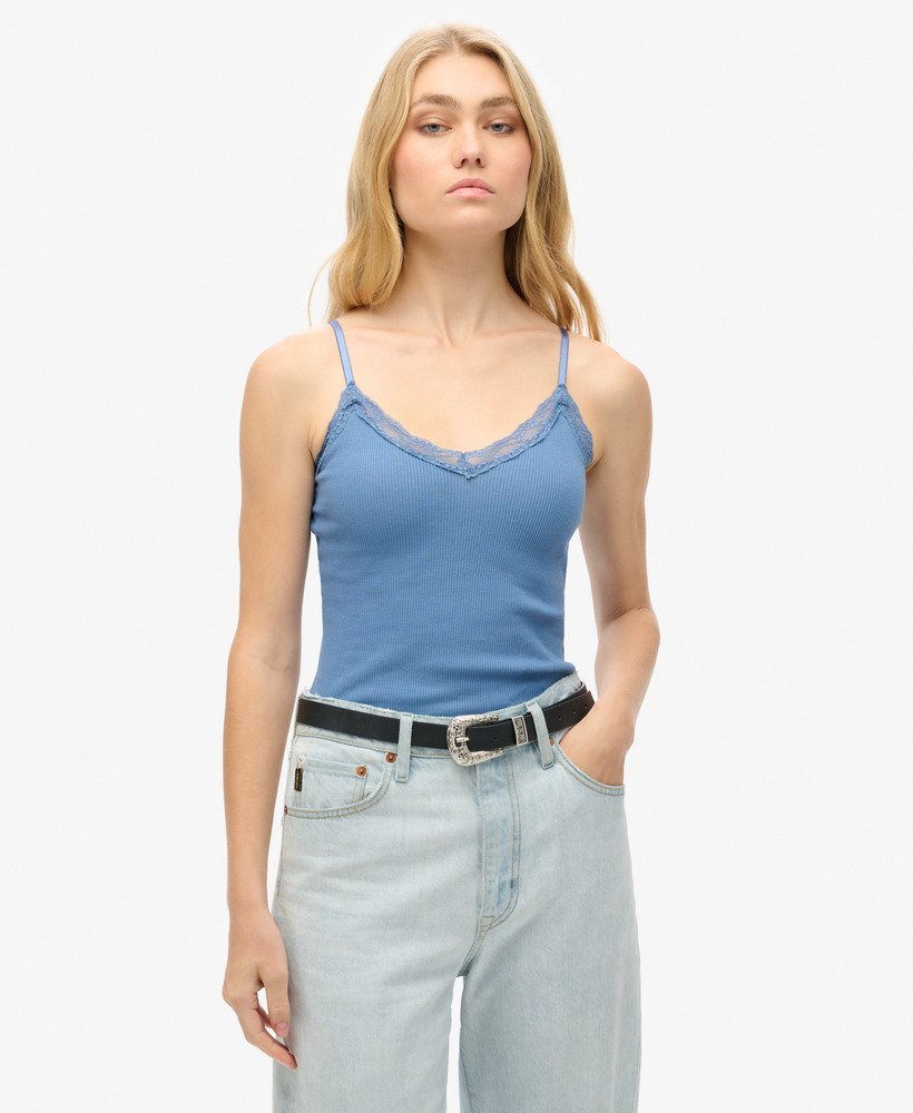 womens Athletic Essential Lace Trim Cami Top in Wedgewood Blue