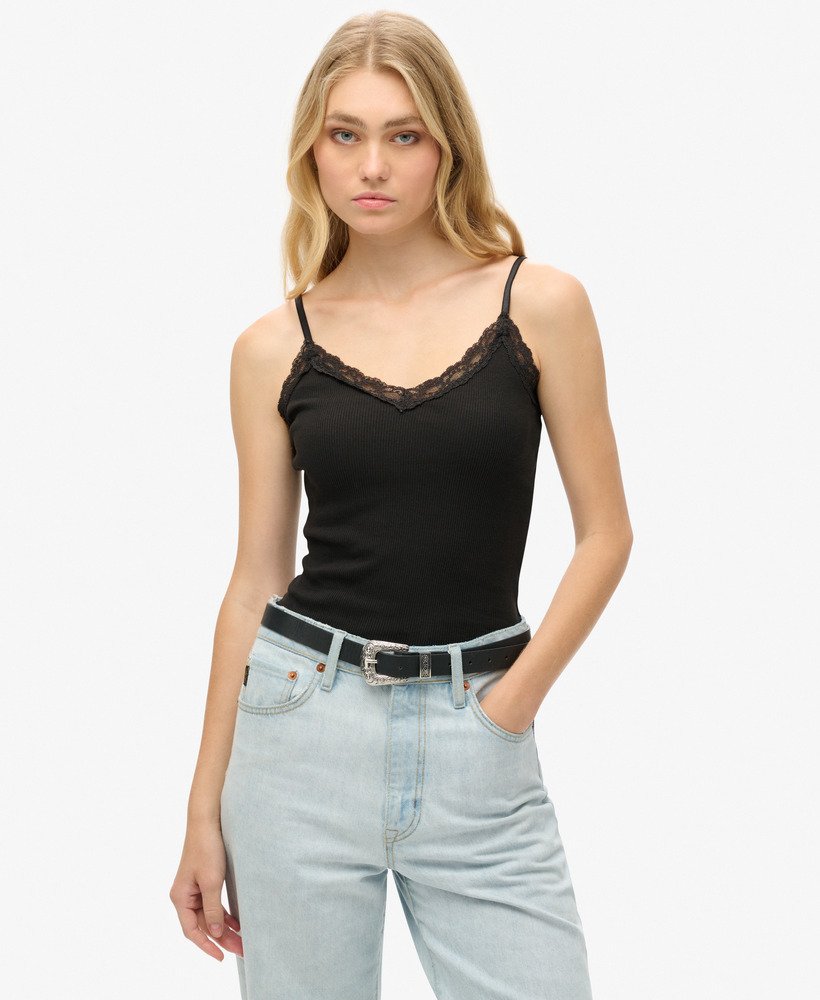 womens Athletic Essential Lace Trim Cami Top in BISON BLACK