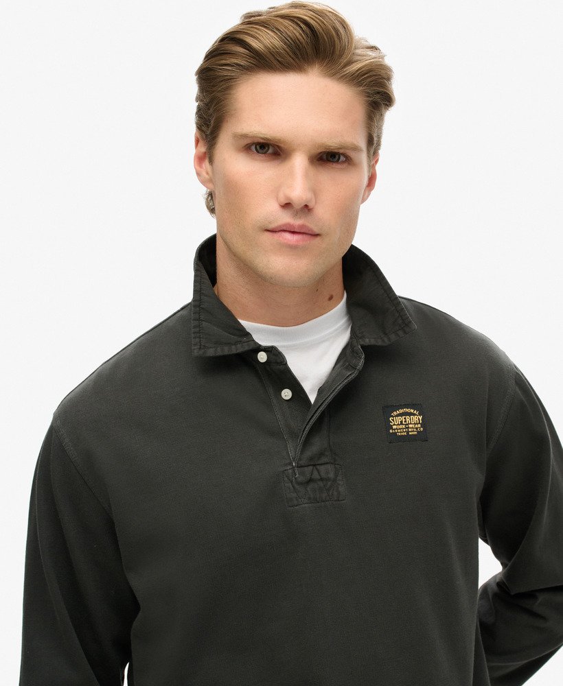 mens Long Sleeved Contrast Stitch Rugby Shirt in Washed Black