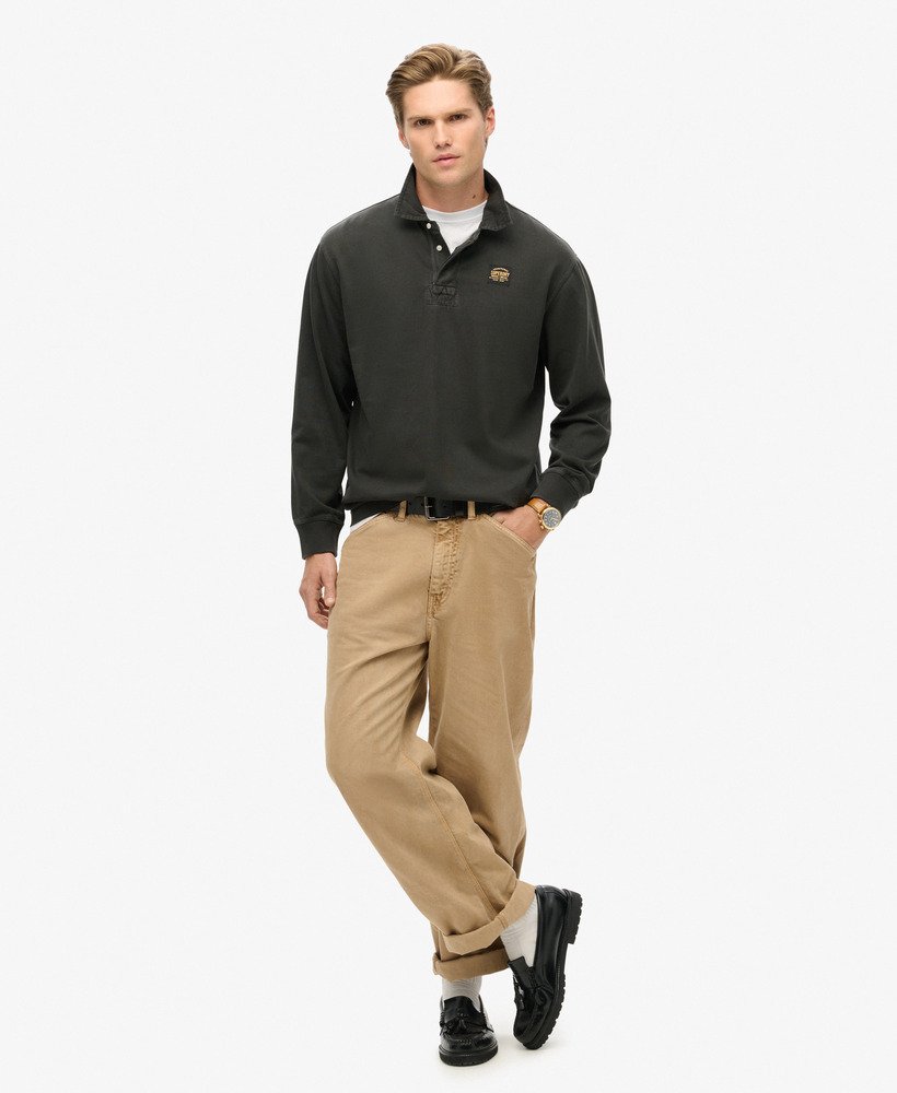 mens Long Sleeved Contrast Stitch Rugby Shirt in Washed Black