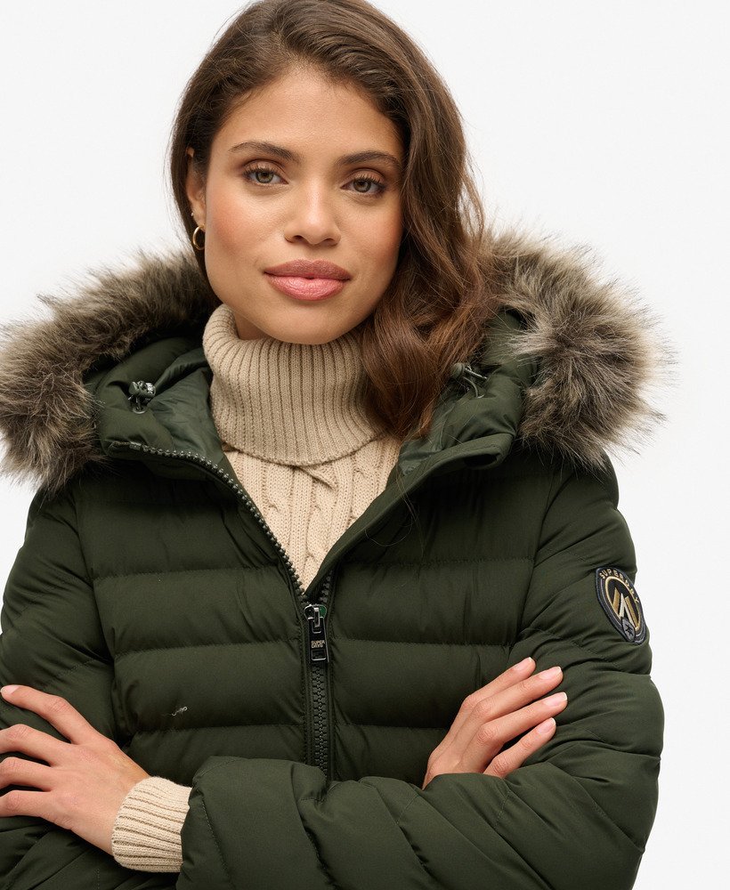 womens Fuji Faux Fur Hood Mid Length Puffer Coat in Surplus Goods