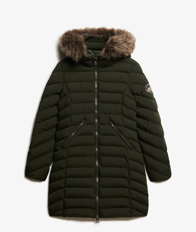 womens Fuji Faux Fur Hood Mid Length Puffer Coat in Surplus Goods