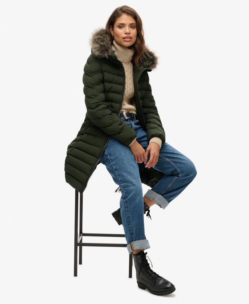 womens Fuji Faux Fur Hood Mid Length Puffer Coat in Surplus Goods