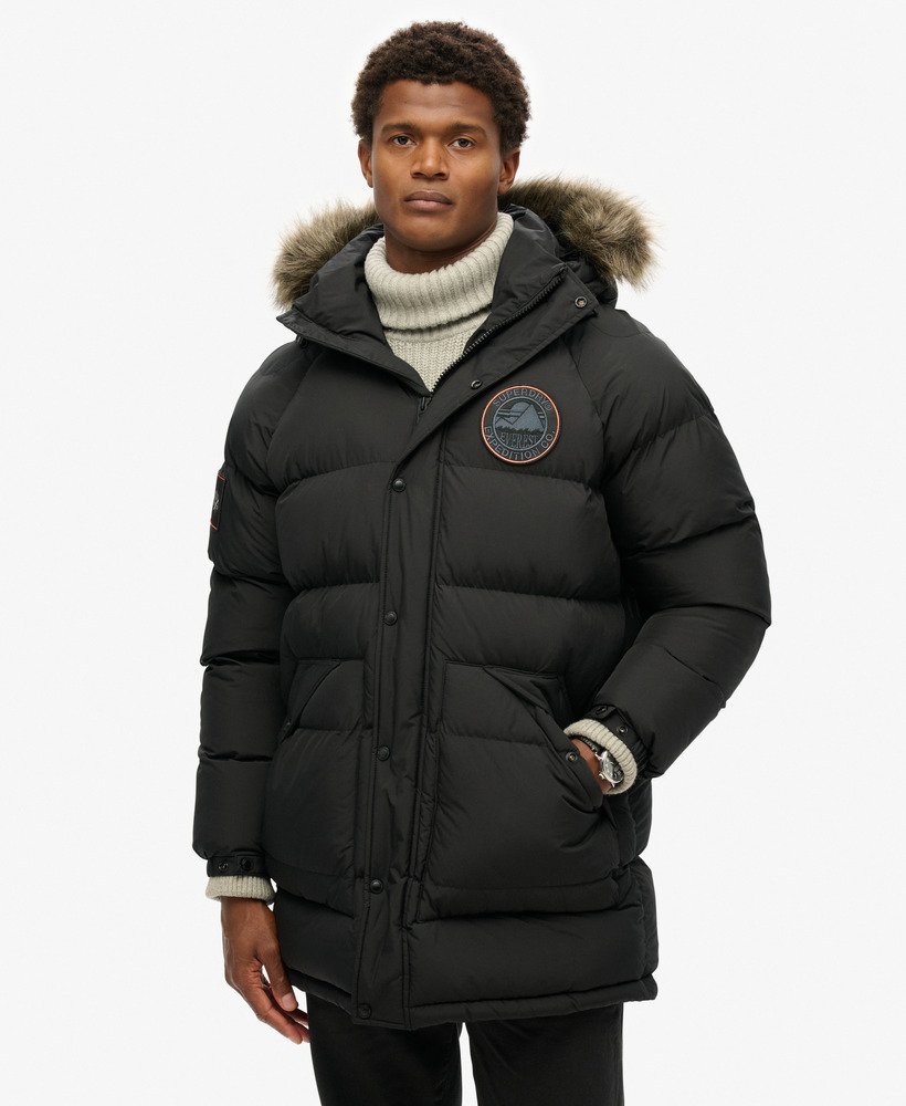 新品未使用　Plage MY_puffer フード mens Everest Longline Baffled Parka Jacket in JET BLACK | Superdry