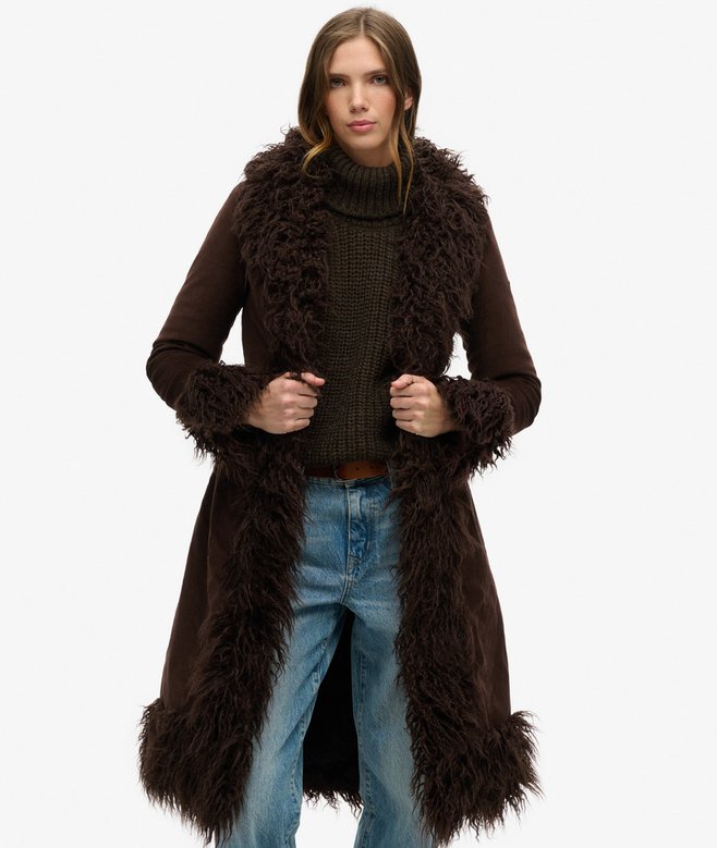 Superdry Cappotto Afgano Donna Con Fodera In Pelliccia Sintetica - Nero, Taglia 36, Vestibilità Slim, Chiusura A Gancio