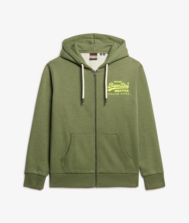mens Neon Vintage Logo Graphic Zip Hoodie in Thrift Olive Marl