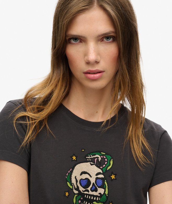 Small Tattoo Rhinestone Fitted T-Shirt