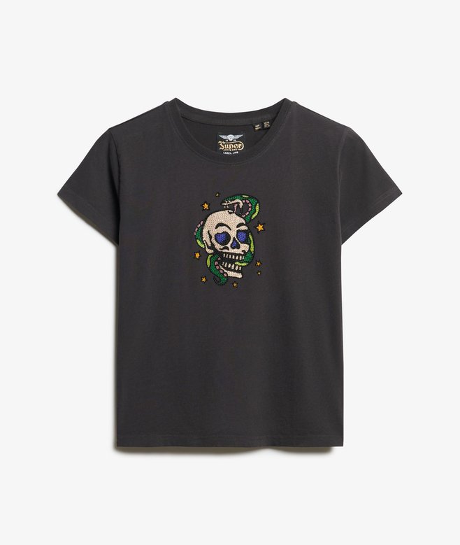 Small Tattoo Rhinestone Fitted T-Shirt