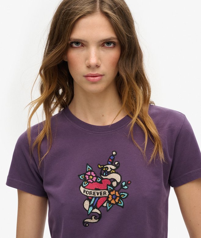 Small Tattoo Rhinestone Fitted T-Shirt