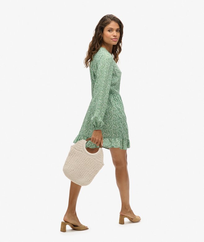 Printed Long Sleeve Wrap Mini Dress