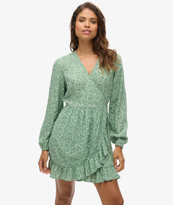 Printed Long Sleeve Wrap Mini Dress