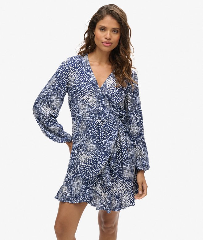 Printed Long Sleeve Wrap Mini Dress
