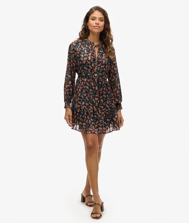 Printed Long Sleeve Metallic Mini Dress