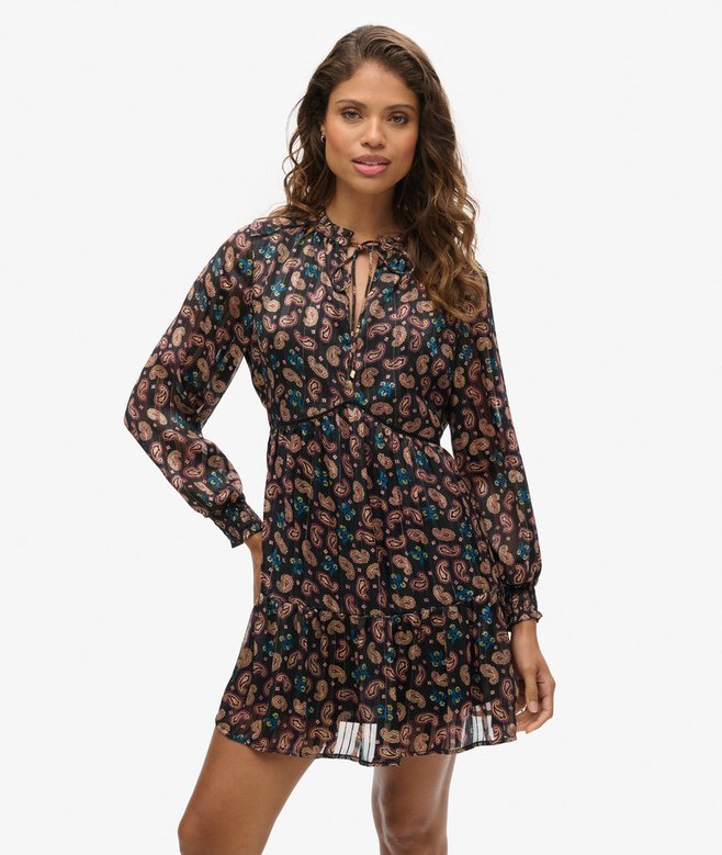 Printed Long Sleeve Metallic Mini Dress