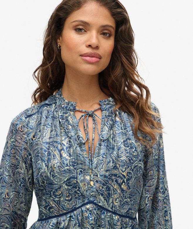 Printed Long Sleeve Metallic Mini Dress