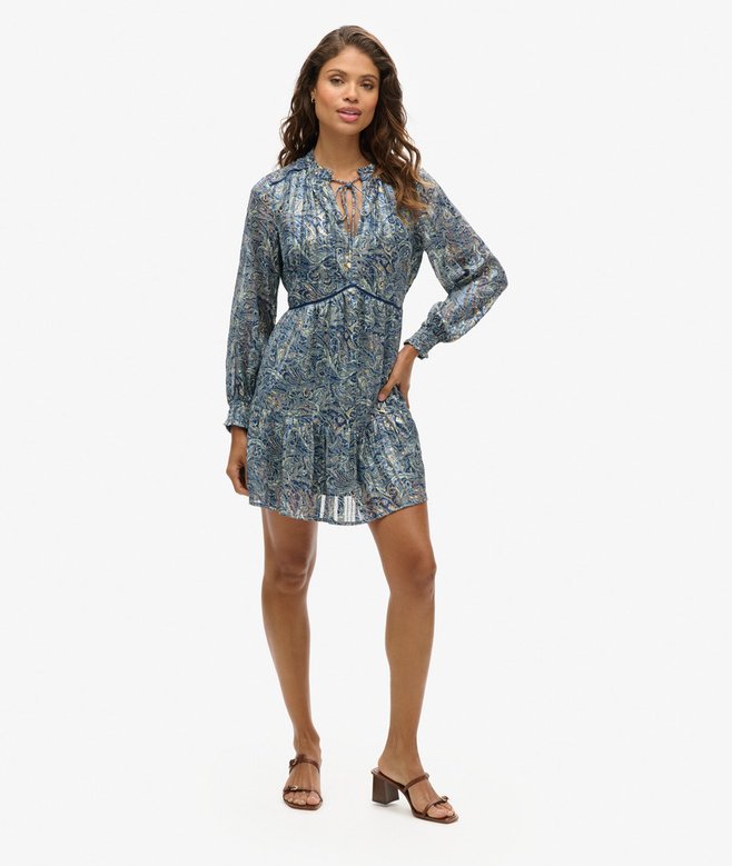 Printed Long Sleeve Metallic Mini Dress