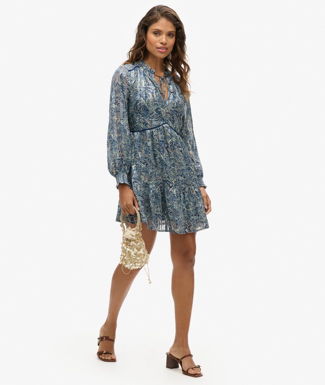 Printed Long Sleeve Metallic Mini Dress