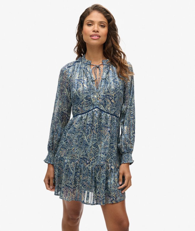 Printed Long Sleeve Metallic Mini Dress