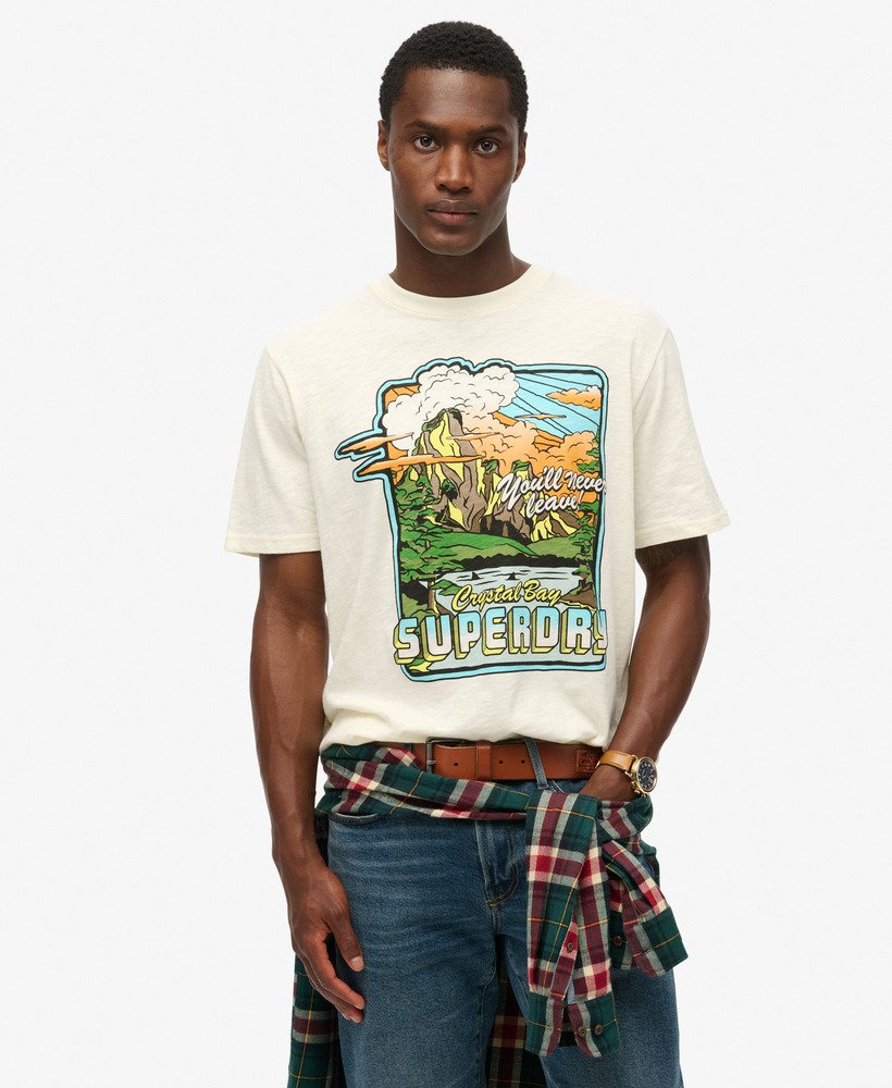 mens Neon Travel Graphic Loose T-Shirt in Off White Slub | Superdry US