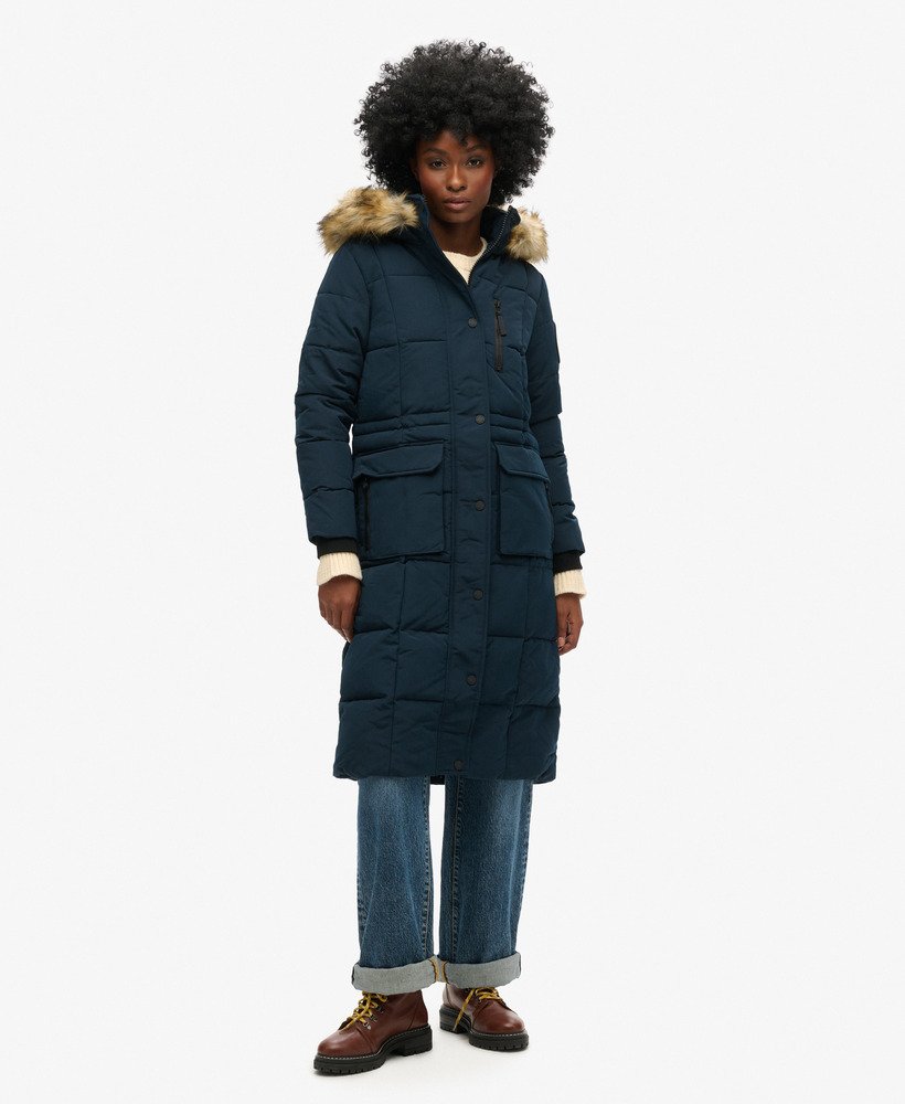 womens Longline Faux Fur Everest Coat in Eclipse Navy | Superdry US