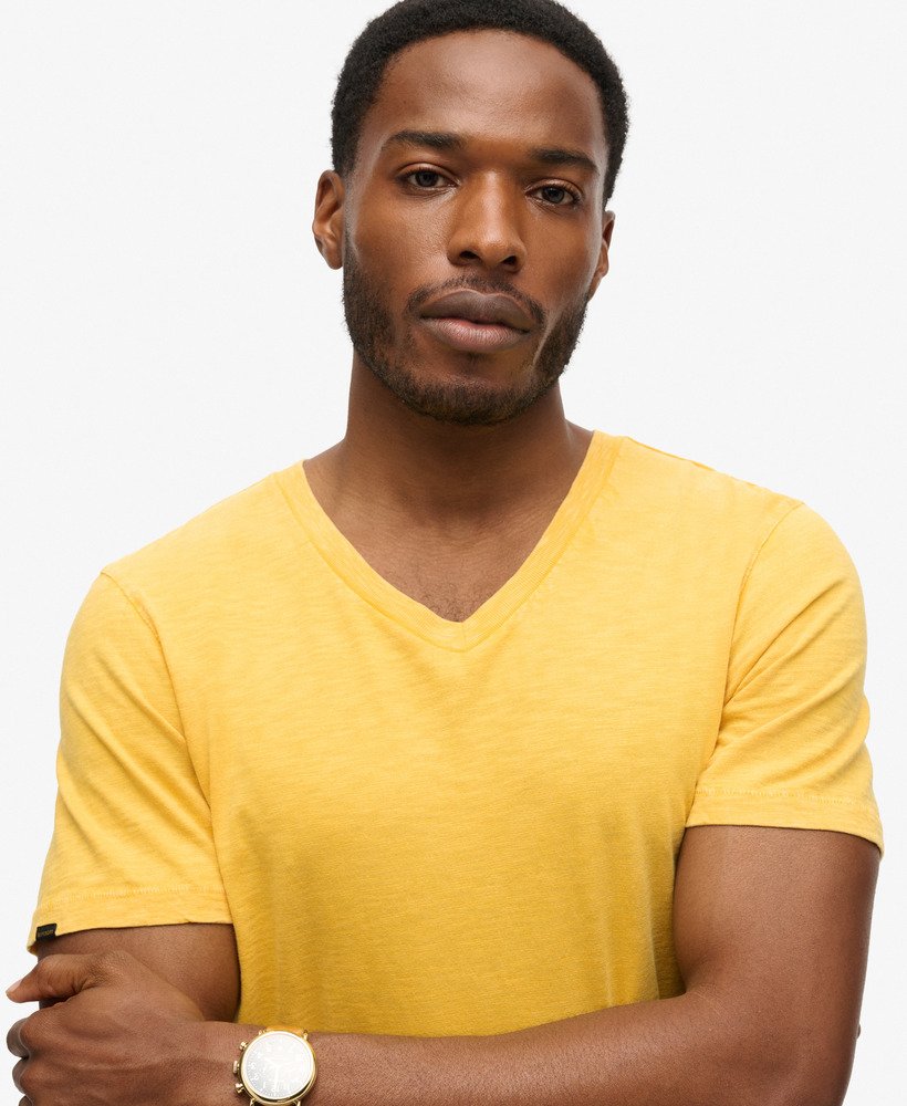 mens V-Neck Slub Short Sleeve T-Shirt in Desert Ochre Yellow