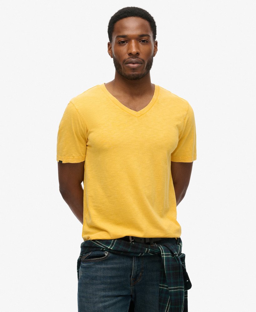 mens V-Neck Slub Short Sleeve T-Shirt in Desert Ochre Yellow