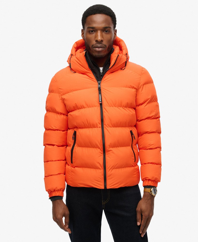 mens Hooded Sports Puffer Jacket in Flame Orange | Superdry US