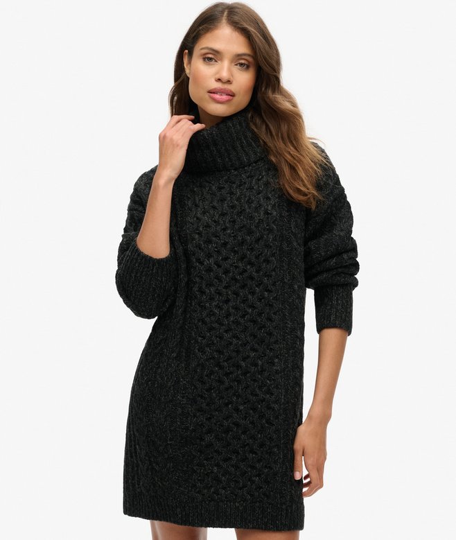 womens Roll Neck Cable Jumper Dress in BLACK TWIST | Superdry US