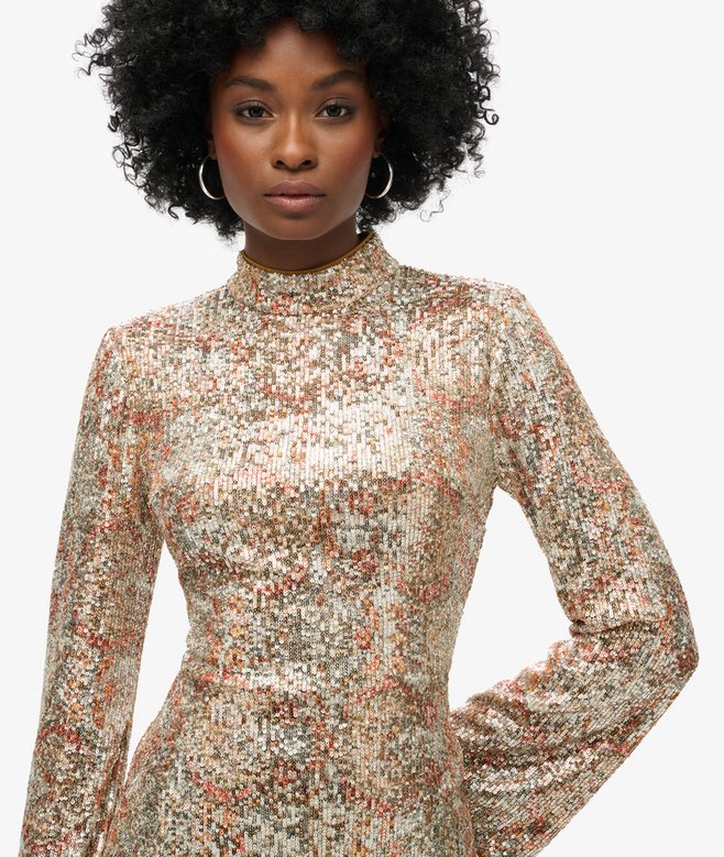 Long-Sleeved Printed Sequin Mini Dress